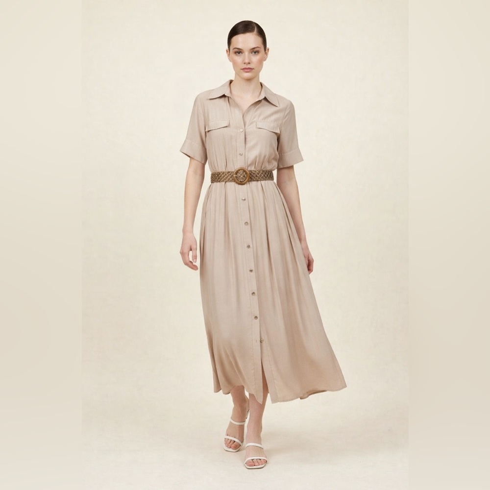 MA09. Tan Button-Down Midi Dress with Belt | Chic Classic Summer Dress